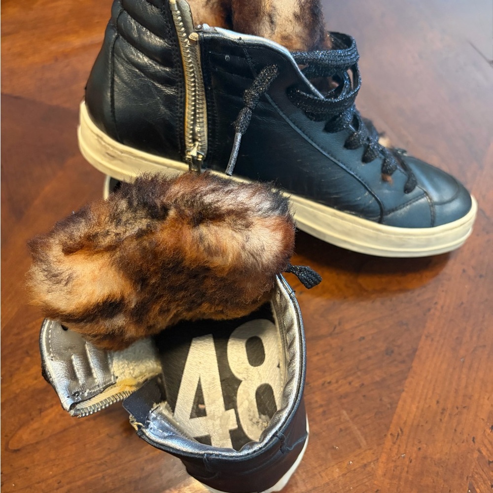 P448 Black and Brown Fur-Lined Sneakers.  Limited platform. US Sz 7.5 - 8